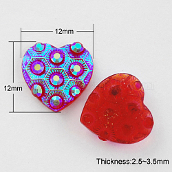 Resin Cabochons, AB Color Plated, Heart, Red, 12x12x2.5~3.5mm