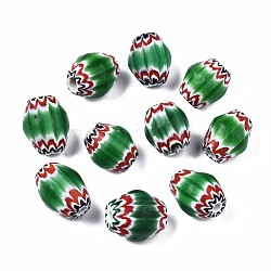 Perles vernissées de millefiori manuelles, baril, lime green, 16~17.5x13~14.5mm, Trou: 2~4mm