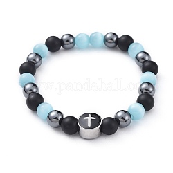 Bracelets extensibles pour femmes, avec des yeux de chat, agate naturel, hématite synthétique amagnétique et 304 perles d'émail en acier inoxydable, avec des sacs de jute, bleu ciel, 2-1/8 pouce (5.5 cm)