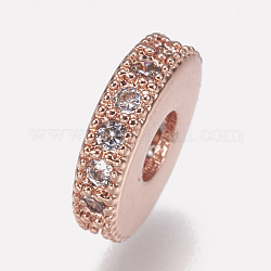 Brass Micro Pave Cubic Zirconia Bead Spacers, Flat Round, Clear, Rose Gold, 8x2mm, Hole: 3mm