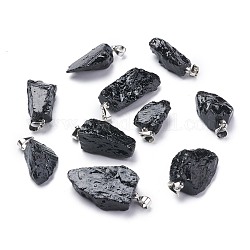Pendentifs turmalins noirs naturels, pierre brute brute, avec anses en laiton, Plaqué longue durée, pépites, platine, 19~29.5x12.5~23x5.3~9.5mm, Trou: 3.9x3.7mm