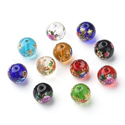 Flower Picture Transparent Glass Round Beads, Mixed Color, 14x13mm, Hole: 1.5mm