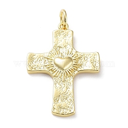 Rack Plating Eco-Friendly Brass Pendants, with Jump Ring, Long-Lasting Plated, Lead Free & Cadmium Free, Cross with Heart Charm, Real 18K Gold Plated, 31x22x3mm, Hole: 4mm
