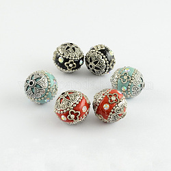 Handmade Grade A Rhinestone Indonesia Beads, with Alloy Antique Silver Metal Color Cores, Round, Mixed Color, 20mm, Hole: 2mm
