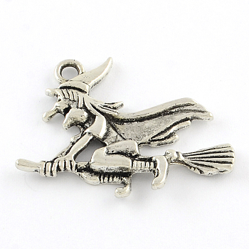 Tibetan Style Halloween Witch Alloy Pendants, Cadmium Free & Nickel Free & Lead Free, Antique Silver, 29.5x37x3.5mm, Hole: 3mm, about 277pcs/1000g