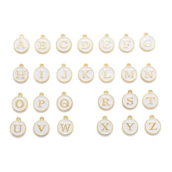 Initial Letter A~Z Alphabet Enamel Charms, Flat Round Disc Double Sided Charms, Golden Plated Enamelled Sequins Alloy Charms, White, 14x12x2mm, Hole: 1.5mm, 26pcs/set