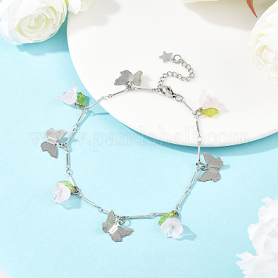 Браслеты на ногу из латунной цепочки с подвесками в виде бабочек и стеклянных цветов из нержавеющей стали 201 AJEW-AN00736-01-1