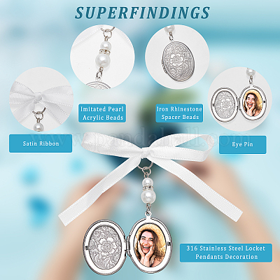 SUPERFINDINGS 2pcs Wedding Bouquet Charm Oval Bridal Wedding Bouquet Photo Charms 316 Stainless Steel Locket Pendants Decoration