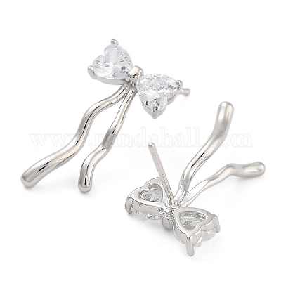 Женские серьги-гвоздики из латуни с бантом и прозрачным фианитом EJEW-S216-02B-P-1