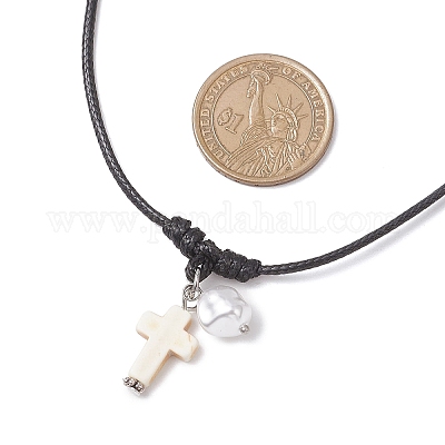 Регулируемая подвеска-крест из окрашенной синтетической бирюзы с круглым пластиковым искусственным жемчугом NJEW-JN05384-02-1