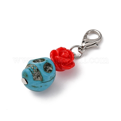 Подвеска в виде черепа из искусственной бирюзы и смоляной розы HJEW-JM03999-1