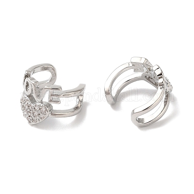 Женские серьги-каффы Heart & Word Love из латуни с микропаве и фианитами EJEW-P281-05P-1