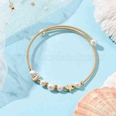 Браслет из натурального культивированного пресноводного жемчуга с латунными бусинами в виде звезды и луны BJEW-JB10194-1