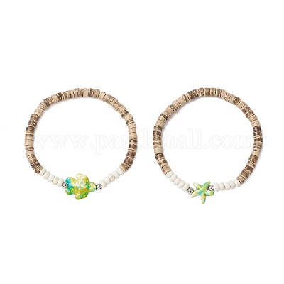 Браслеты из кокосовых бусин с морскими черепахами и морскими звездами BJEW-JB11882-03-1