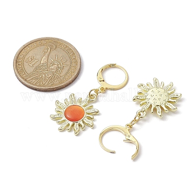 Серьги-подвески в форме солнца из золотистого сплава с кошачьим глазом EJEW-JE05587-03-1