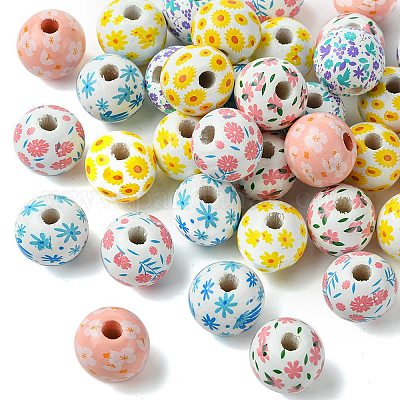 35個 7色木製ヨーロピアンビーズ 大穴ビーズ 花 ミックスカラー