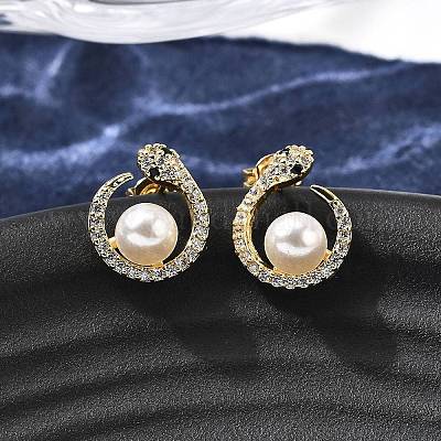 Серьги-гвоздики в форме змеи с круглыми латунными микропаве из прозрачных кубических цирконий EJEW-C154-10G-1