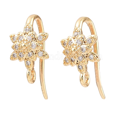 Крючки для сережек-цветков из латуни с микропаве из прозрачных кубических цирконий KK-A274-16G-1