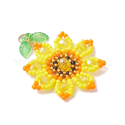 Подсолнух из стеклянных бусин с подвесками в виде листьев PALLOY-MZ00856-1