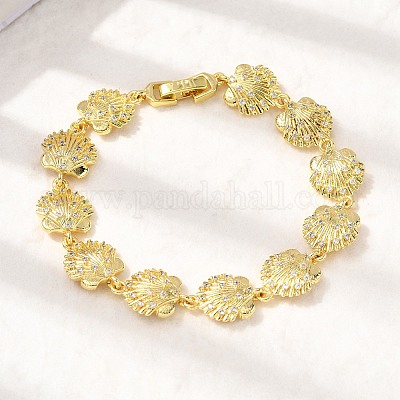 Летние пляжные браслеты-цепочки из латуни с микропаве из прозрачных кубических цирконий в форме ракушки BJEW-C118-02B-G-1