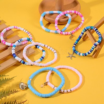 4Pcs 4 Styles Polymer Clay Heishi Beads Stretch Bracelets Sets, Stackable  Bracelets, with 304 Stainless Steel Spacer Beads and Brass Pendants