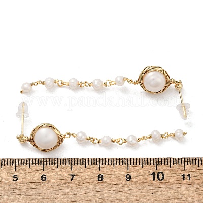 Круглые латунные серьги-гвоздики с кисточками из натурального пресноводного жемчуга EJEW-U072-02G-1