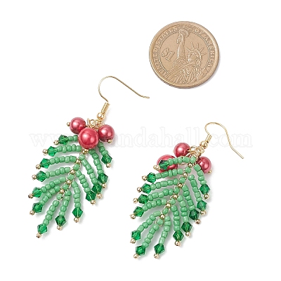 Серьги с подвесками из стеклянного листа и жемчуга EJEW-TA00739-1