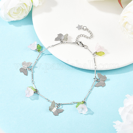 Браслеты на ногу из латунной цепочки с подвесками в виде бабочек и стеклянных цветов из нержавеющей стали 201 AJEW-AN00736-01-1