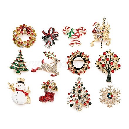 クリスマス ブローチ、杖、トナカイ、雪の結晶、雪だるま、花輪、ベル