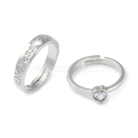 Set di anelli per coppia abbinati con 2 cuore in stile 2 e parola amore con zirconi cubici RJEW-Z021-01P-1