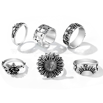 6pcs 6 estilos de anillos de dedo de aleación floral retro BOHO-PW0001-013-1