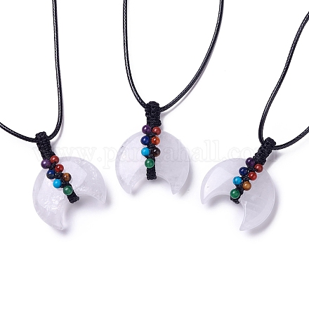 Verstellbare Doppelhorn-Anhänger-Halskette aus Naturquarzkristall mit Wachskordel für Damen NJEW-B086-01C-1