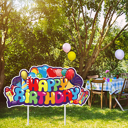 プラスチック製の庭の看板は装飾を表示します  屋外の庭の装飾のため  お誕生日おめでとうという言葉の風船  カラフル  180x360x4mm DIY-WH0248-014-1