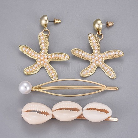 Pinzas de pelo de hierro y pendientes de perlas conjuntos de joyas SJEW-E331-08-1
