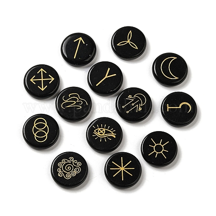 13 pièces de pierres runiques d'obsidienne naturelles rondes et plates G-K335-08A-1