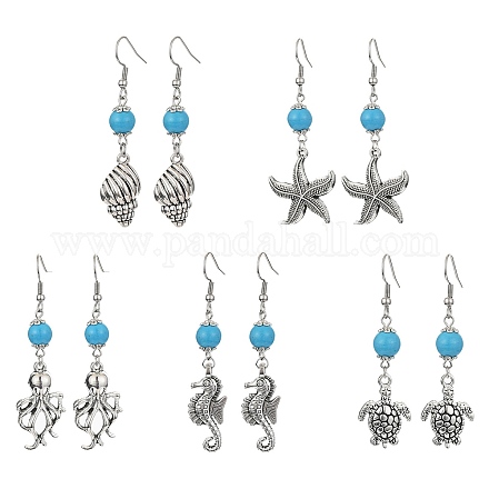 Boucles d'oreilles pendantes en alliage sur le thème de l'océan avec perles turquoise synthétiques EJEW-JE05447-1
