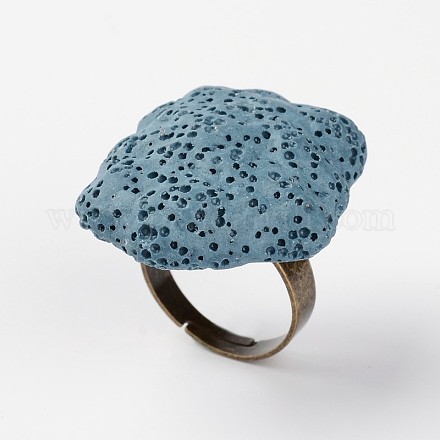 調節可能なナゲット溶岩岩の宝石用原石の指輪  プラチナメッキ真鍮パーツ  スチールブルー  18mm RJEW-I013-09-1
