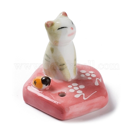 磁器香炉  花の上の猫の香立て  ホームオフィス茶屋禅仏教用品  淡い茶色  40x40x38mm DJEW-PW0012-130D-1