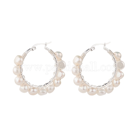 Boucles d'oreilles créoles perlées enveloppées de fil de perles naturelles pour femmes EJEW-JE04758-02-1