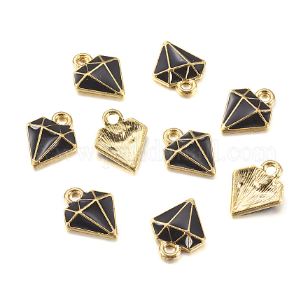 ゴールド調合金エナメルペンダント  ダイヤモンドのチャーム  ブラック  15x12x2mm  穴：2mm ENAM-J463-05G-1