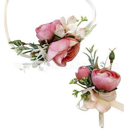 CRASPIRE 2PCS Rose Wrist Corsage Boutonniere Set Pink Artificial Bridal Wrist Flower AJEW-CP0001-60-1