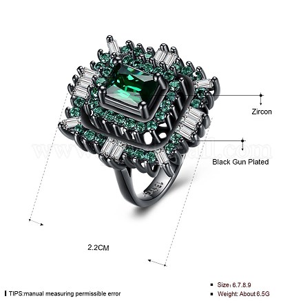 トレンドの真鍮製キュービックジルコニア指輪  ワイドバンドリング  正方形  サイズ6  グリーン  ガンメタ色  16.5mm RJEW-BB26927-D-6-1