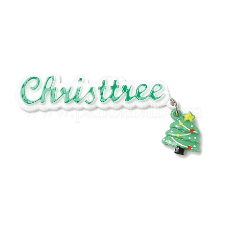 クリスマステーマ不透明樹脂カボション  プラチナトーンの鉄ループ付き  クリスマスツリー  ミディアムシーグリーン  84x38x5.5mm CRES-D011-01I-1