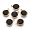 K9 Glass Charms, Flat Round, with Brass Findings, Faceted, Real 18K Gold Plated, Black, 13.5~14x10.5~11x3.5~4mm, Hole: 1.8mm