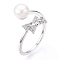 Natural Pearl Finger Open Cuff  Ring Micro Pave Clear Cubic Zirconia, Brass Finger Rings, Bowknot, Real Platinum Plated, US Size 7(17.3mm)