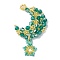 Imitation Austrian Crystal 5301 Glass & TOHO Round Seed Beaded Pendant, Star with Moon Charms with 304 Stainless Steel Jump Rings, Green, 46x29x4mm, Hole: 2mm