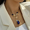 Alloy Starfish Coconut Tree & Oval Resin Pendant Double Layer Necklaces, Golden, Dark Blue, 14.57 inch(37cm)