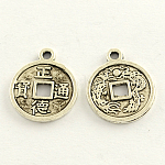 Colgantes de monedas chinas de aleación de zinc de estilo tibetano de feng shui, plata antigua, 19x15x1.5mm, agujero: 2 mm, aproximamente 735 unidades / 1000 g