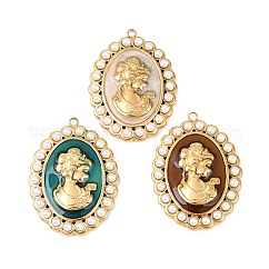 Anhänger aus emailliertem Edelstahl 304 mit Imitationsperlen aus ABS-Kunststoff, oval mit Frauenanhängern, Ionenbeschichtung (ip), echtes 18k vergoldet, Mischfarbe, 35x26x4 mm, Bohrung: 1.8 mm