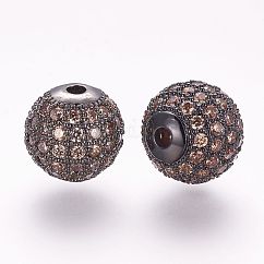 Abalorios de latón con pavé de circonitas, redondo, gunmetal, 10mm, agujero: 2 mm